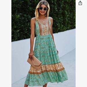 Angashion Floral Adjustable Spaghetti Strap V Neck Boho Long Flowy Maxi Sundress